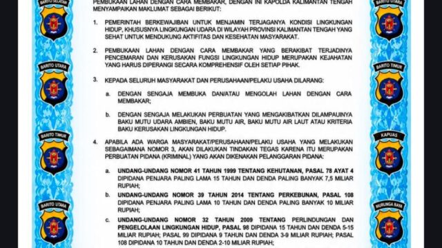 Kapolda Kalteng Ingatkan Sanksi Pidana Pembakaran Lahan
